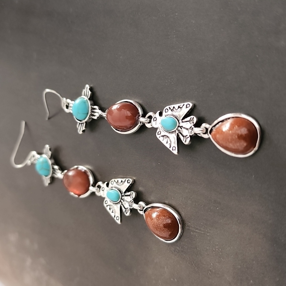 VINTAGE Turquoise Totem Dangle Earrings Boho Tribal Inspired Copper Goldstone - Picture 12 of 13